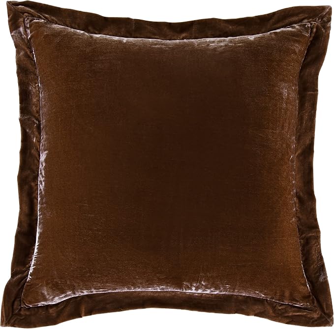 HiEnd Accents Stella Faux Silk Velvet Flanged Euro Sham Pillow Cover, 27x27 inch, Copper Brown, Romantic Western Modern Traditional Style Luxury Bedding