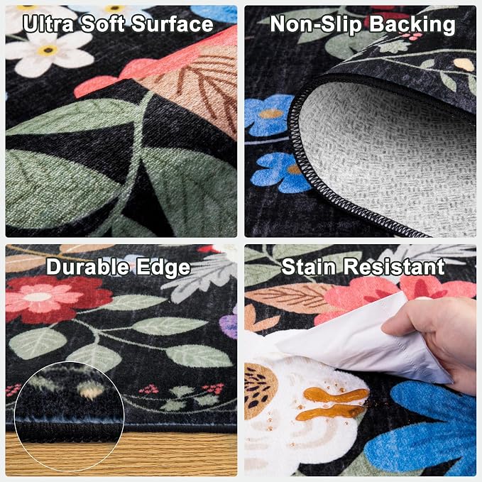 Runner Rug for Entryway: 2.6x14 Kitchen Rugs Non Slip Washable Ultra-Thin Soft Floral Carpet Indoor Floor Stain Resistant Carpets for Hallway Bedroom Kitchen Laundry Bathroom Dorm Black