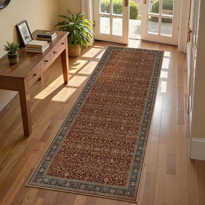 2x6 Washable Runner Rug Non Slip, Old Money Aesthetic Carpet Runners for Hallway Kitchen 6ft Vintage, Low Pile Thin Print Entryway Runner for Bathroom Mudroom Bedroom, Deep Burnt Orange