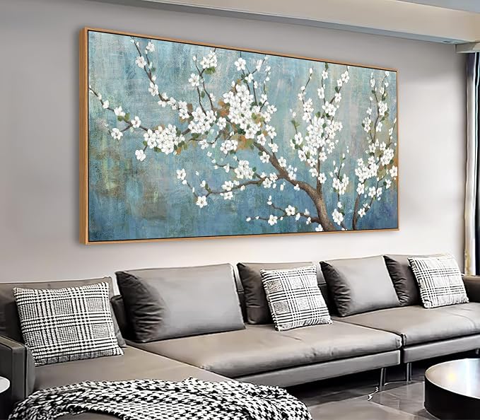 yearainn Framed Floral Tree Wall Art – White Flowers Green Leaves Branches Picture, Vintage Blue-Turquoise Background, Watercolor Artwork for Home Decor, Ready to Hang, Natural Wood Frame, 24" x 48"