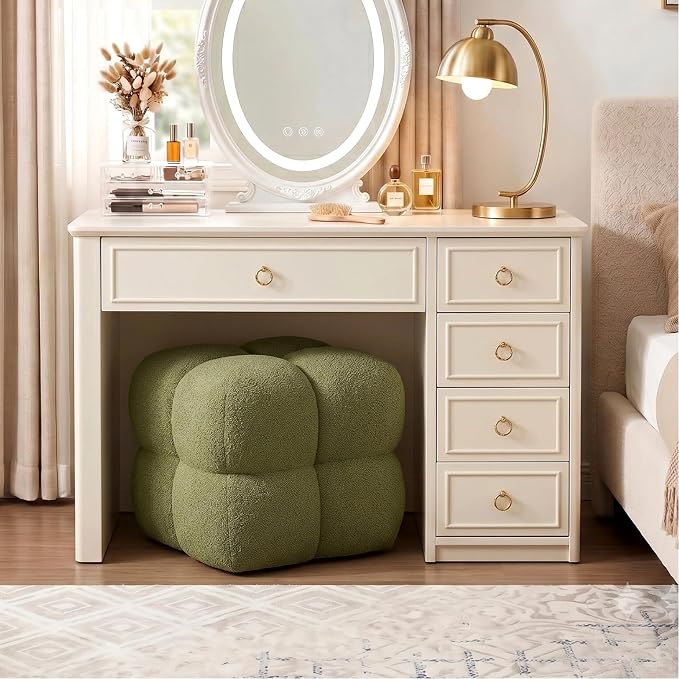 Zesthouse Square Pouf Ottoman Footstool, Modern Backless Vanity Chair for Bedroom, Green Boucle Foot Rest for Couch, Upholstered Tufted Footstool, Poofy Fabric Ottoman Coffee Table for Living Room