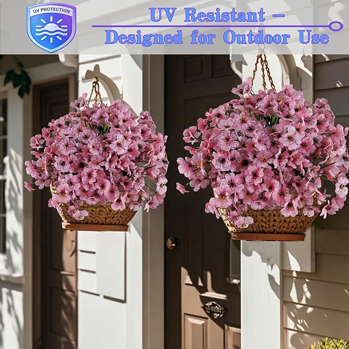 Geegoods Artificial Mums Flowers for Outdoors, 16 Bundles UV Resistant Fake Plastic Pink Flowers for Patio Porch Spring Summer Decor