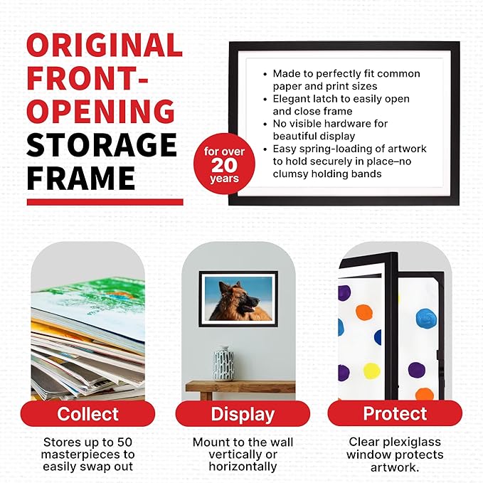 Dynamic Frames Li’l Davinci Art Cabinet, Stores up to 50 Pieces of 12 x 18 inch Art, Outer Wooden Frame Dimensions 14.75 x 20.75 inches, Kids Art Frame, Front Opening, Universal Hanging, Black