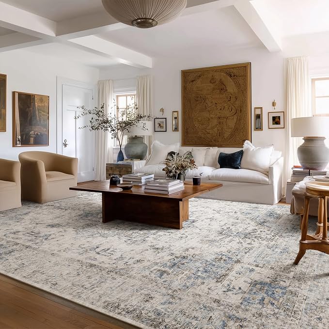 Machine Washable Rugs for Living Room: 10x14 Area Rugs for Bedroom Ultra Soft Non-Slip Low Pile Vintage Distress Boho Large Carpet for High-Traffic Dining Room - Farmhouse Decor