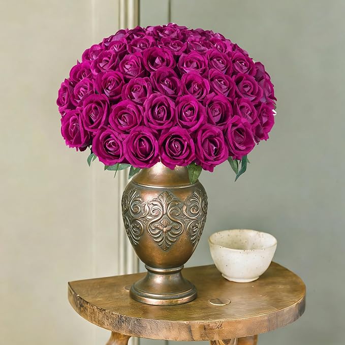 50 PCS Roses Artificial Flowers, Fake Roses with Stem Realistic Magenta Silk Roses for DIY Wedding Bouquets Table Centerpieces Arrangements Baby Shower Birthday Home Decor Valentine's Day Gift for Her