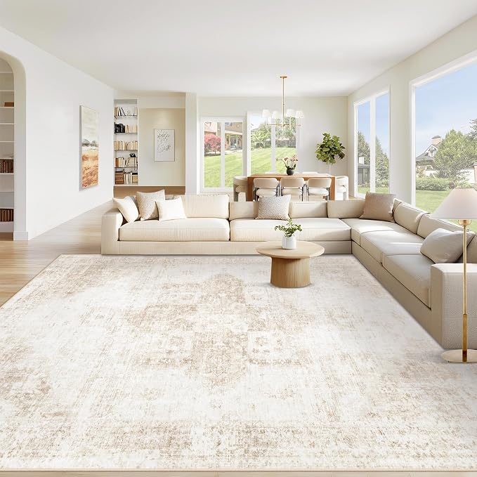 Area Rug 10x14 Washable Rug, Vintage Boho Medallion Rugs Non-Slip Soft Low Pile Large Distressed Rug Indoor Retro Carpet for Living Room Bedroom Dining Room Home Office (Beige, 10'x14')