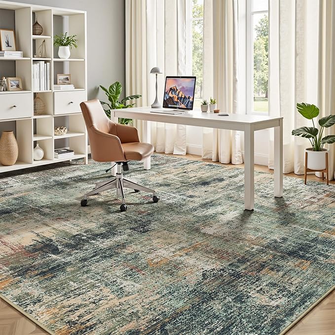 Lofus 5x7 Area Rug for Living Room, Coffee Green Abstract Rugs with Non-Slip Backing, Neutral Modern Washable Carpet for Bedroom Dining Room Home Office Nursery Indoor