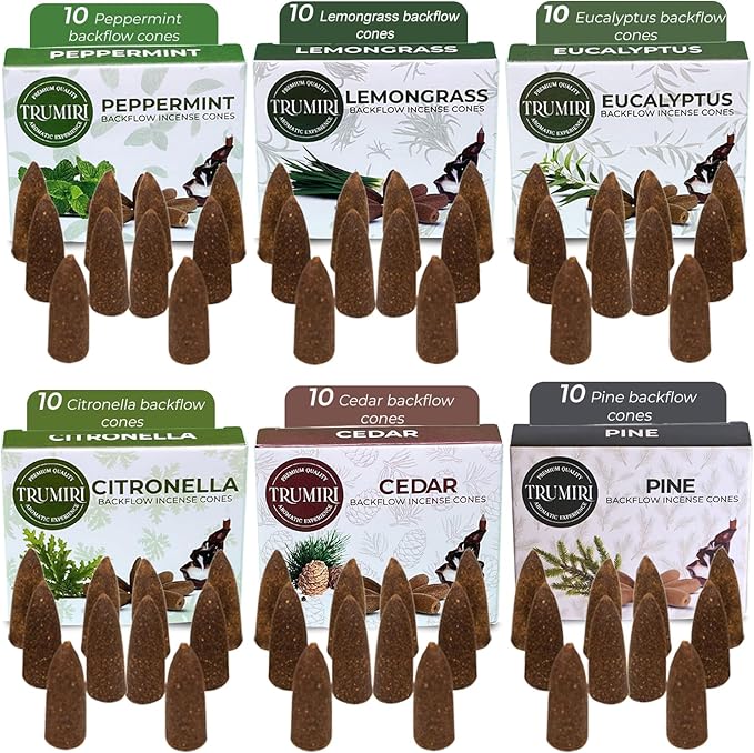 Leafy - Backflow Incense Cones for Waterfall - Scented Inscents-Cones - Peppermint, Citronella, Pine, Cedar, Eucalyptus, Lemongrass - Insiensos Aromaticos - 6x10=60 Large Variety Pack