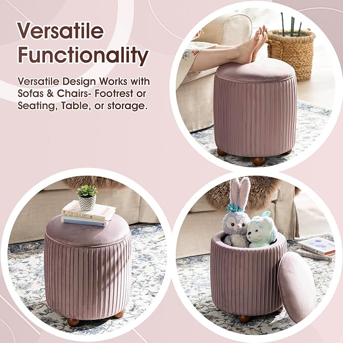 Glitzhome Round Ottoman with Storage, Pleated Velvet Small Foot Stool, Modern Accent Stool Upholstered Vanity Stool with Rubberwood Ball Feet for Bedroom Living Room Dorm Room, Dusty Pink