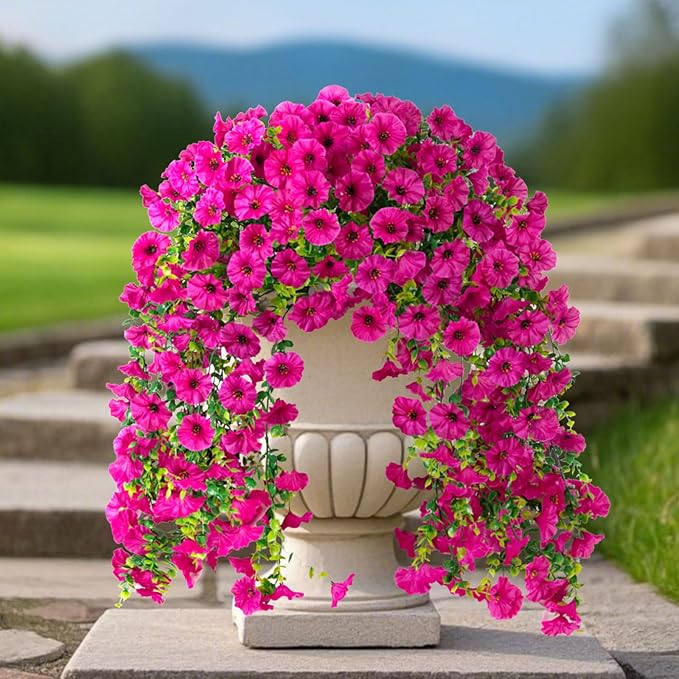 Fake Artificial Hanging Morning Glory Flowers for Outdoor Planters Porch Pation Decoration,2 Bundles UV Resistant Silk Faux Flowers with Realistic Eucalyptus Plants for Home Office Garden Decor