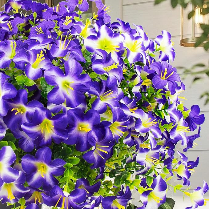 Daynight 16 Pcs Faux Petunias Artificial Flowers for Outdoors, UV Resistant Fake Purple Petunias Plants Realistic Silk Flowers for Porch Front Door Garden Window Outside Decor (16, Purple)