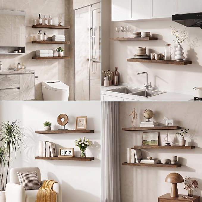 Fun Memories 36 Inch Floating Shelves, Wall Shelves Set of 2 for Bathroom/Living Room/Bedroom/Kitchen, Wall Mounted Floating Shelf for Home Decor with Invisible Brackets, Rustic Brown