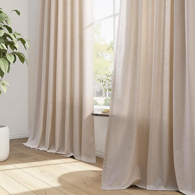Sand Beige Pinch Pleated Linen Curtains 63 Inch Length 2 Panels Set for Living Room Bedroom Vintage Farmhouse Country Privacy Light Filtering Semi Sheer Back Tab Drapes with Hooks for Nursery 40x63