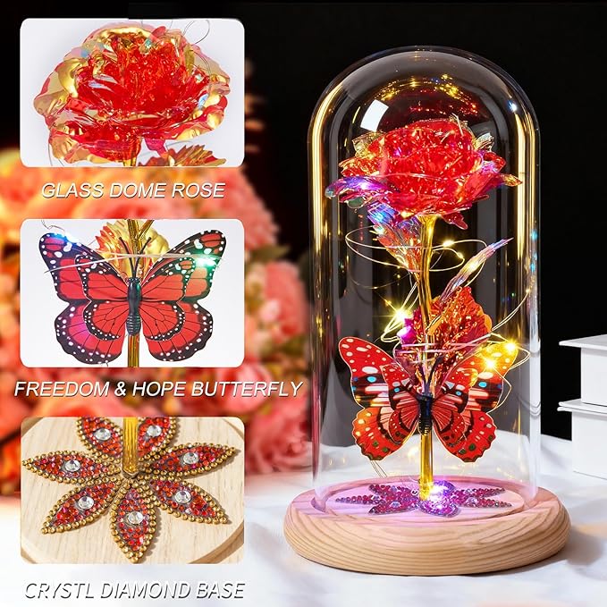 Beferr Birthday Gifts for Women Galaxy Glass Rose Forever Preserved Flowers for Delivery Light Up Rose in Glass Dome Mothers Day Butterfly Gifts for Mom Wife Grandma Her Daughter Girlfriend