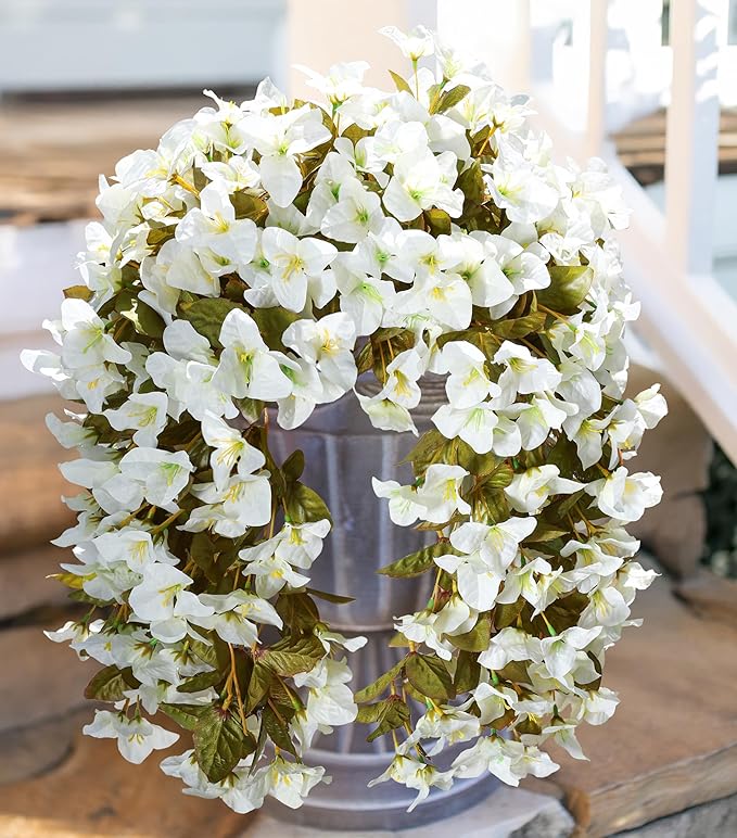 HyeFlora Bougainvillea Artificial Hanging Flowers Plants for Outdoors Decoration, 2pcs Faux Bougainvillea Vines White Fake Flowers Realistic UV Resistant Silk Flowers for Outside Planter Yard Gardens