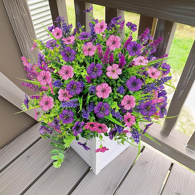 12 Bundles Artificial Flowers Outdoor Silk Fake Plants UV Resistant Faux Plastic Greenery Shrubs for Home Outside Garden Front Porch Window Box Pot Planters Decor (Double Purple)