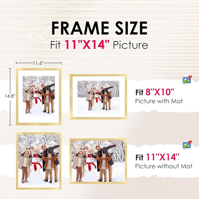 FIXSMITH 11x14 Picture Frame Bulk-6 Pack, Photo Frame with HD Plexiglass, Display Pictures 8x10 with Mat or 11x14 Without Mat, Gold Picture Frames Collage Wall Decor