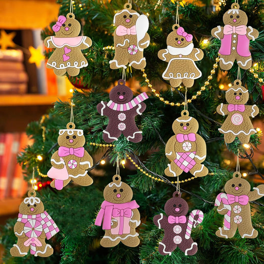 Gingerbread Man Ornaments Christmas Tree Decorations - 24pcs Pink Gingerbread Man Christmas Decorations Hanging Ornaments for Holiday Xmas Tree Home Decor