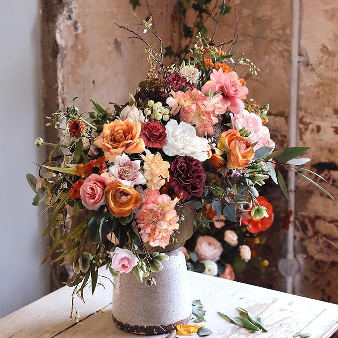 Artificial Flowers Combo Box, 34PCS Fake Flowers, Silk Flower Mix with Wire Stem, DIY Wedding Bridal Bouquet for Arrangement, Shower Party Home Décor, Soft Blush & Apricot Mix