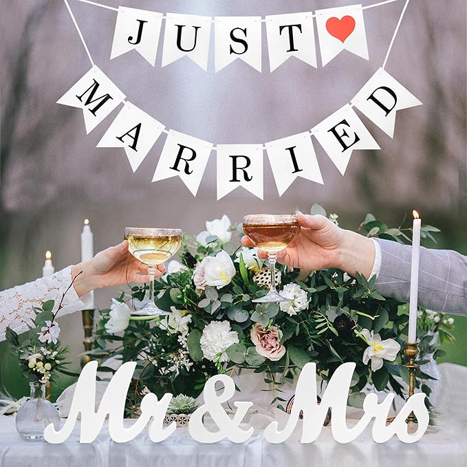 Mr Mrs Sign with Just Married Banner for Wedding Table, Mr and Mrs Wooden Letters, Mr. & Mrs. Wedding Decoration Items, Anniversary Party Vintage Decor (White W/banner)