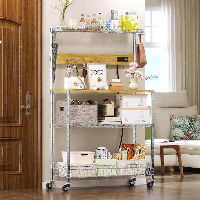 Bakers Rack with Power Outlet & Storage, 33 Inch Microwave Stand Kitchen Shelf Storage Rack, Coffee Bar Cart with Wheels & Hooks, 4-Tier Metal Kitchen Shelves Cart, Chrome