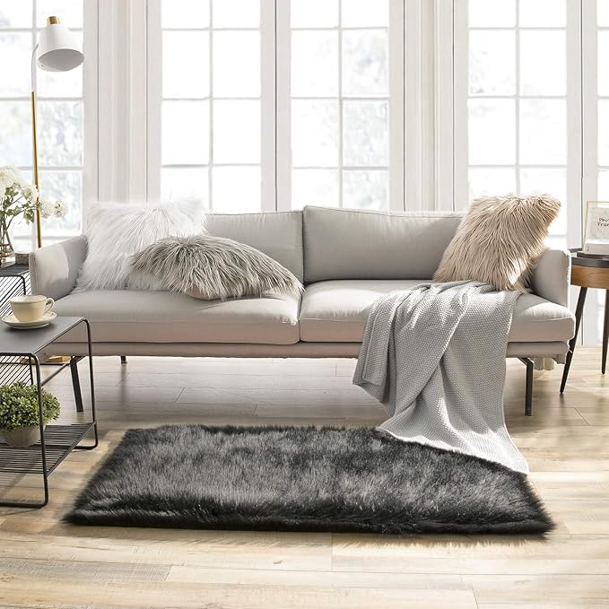 Ashler Faux Fur Rug, Fluffy Shaggy Area Rug Ultra Soft 2.2 x 4 Feet Rectangle Fur Rug, Black Fuzzy Rug Machine Washable Shag Rug, Nursery Decor Throw Rugs for Bedroom, Kids Room, Living Room