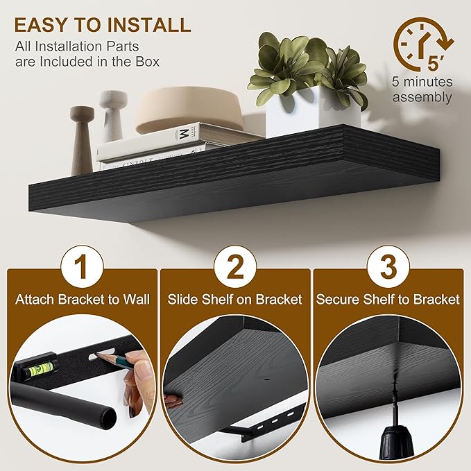 Fun Memories Floating Shelves for Wall, 20Inch Floating Shelves Set of 2, Hanging Shelf with Invisible Brackets, Wood Shelves for Living Room, Bedroom, Kitchen, Black