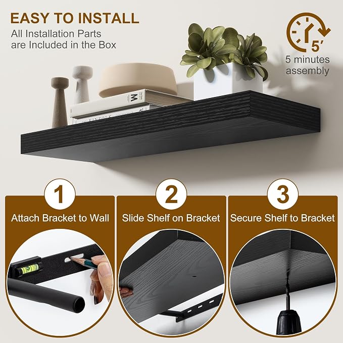 Fun Memories Floating Shelves for Wall, 40Inch Floating Shelves Set of 2, Hanging Shelf with Invisible Brackets, Wood Shelves for Living Room, Bedroom, Kitchen, Black