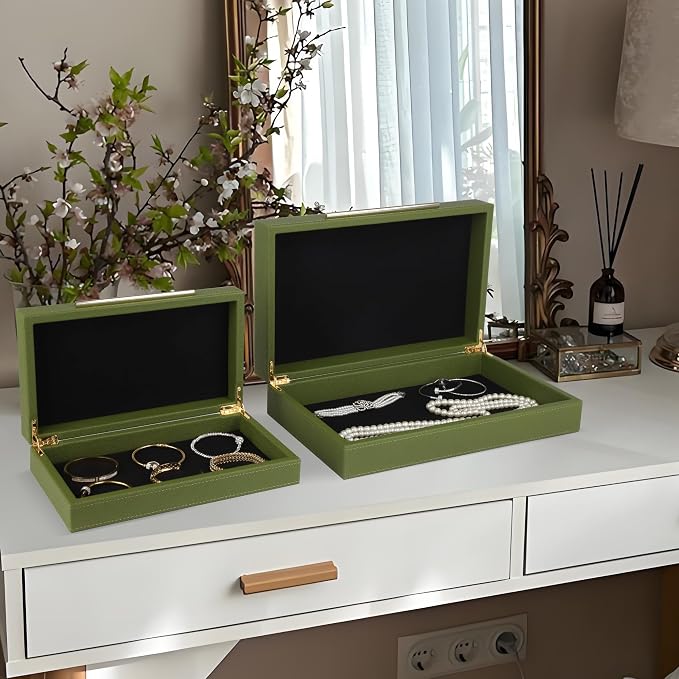 HofferRuffer Faux Leather Decorative Boxes Set of 2, Large Nesting Keepsake Box Accessory Organizer Jewelry Organizer with Hinged Lid, Stacking Storage Box Container for Home or Office (Green)