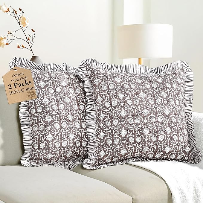 CPC Mocha Regal Hand Block Print 100% Cotton Ruffle Throw Pillow Cover 24x24 inch with Hidden Zipper Decorative for Couch, Bed, Sofa, Farmhouse, Cottagecore Decor Gift Christmas Fall Thanksgiving