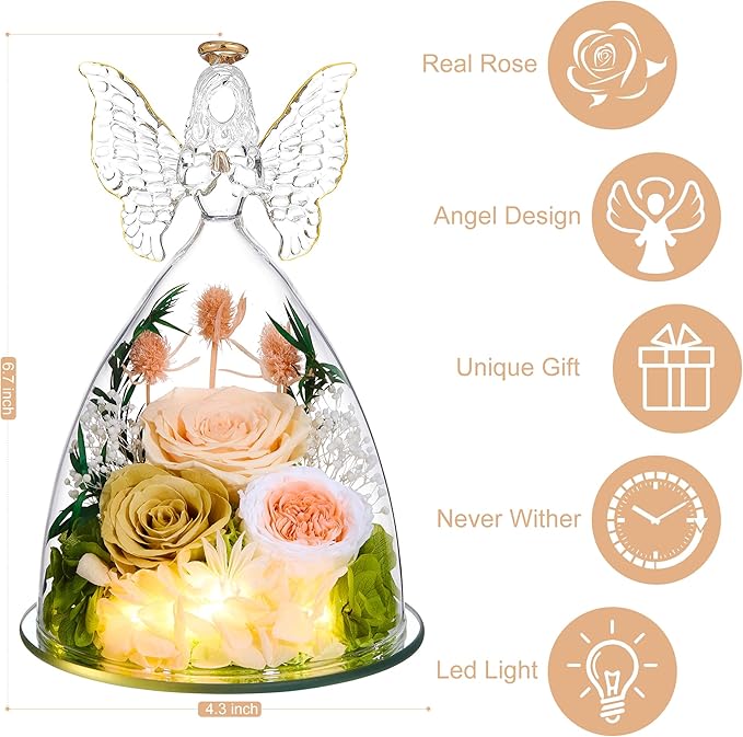 Mothers Day Rose Gifts for Women Preserved Real Flower in Glass Angel Figurines Roses for Delivery Prime Birthday Gifts for Mom Grandma Girlfriend Wife Her, ChampagneGold Austin