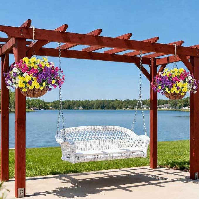 Artificial Fake Hanging Flowers with Basket for Outdoors, Faux Petunias Flowers Fake Hanging Plants with Eucalyptus Realistic UV Resistant for Outside Patio Garden Porch Balcony Yard Decor(4 Colors)