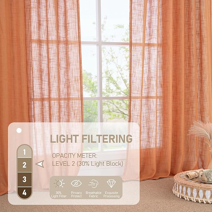 LAMIT Burnt Orange Linen Boho Curtains 80 inch Length 2 Panels, Light Filtering Semi Sheer Panels Back Tab and Rod Pocket Neutral Drapes for Bedroom/Living Room, 34 x 80 Inch