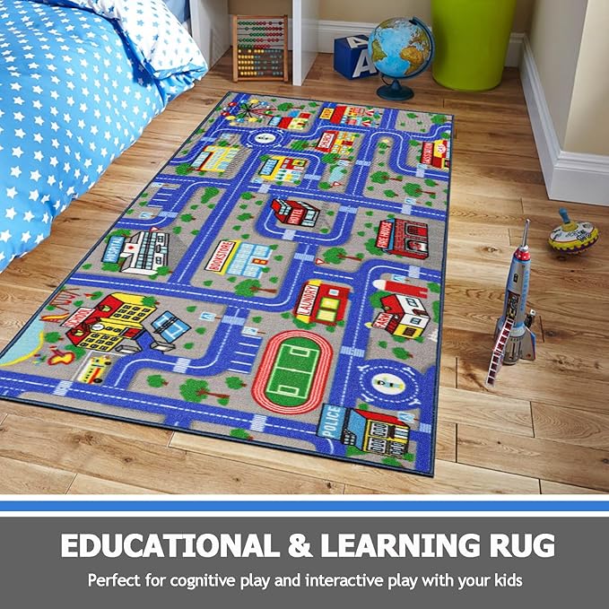 Capslpad Blue Car Road Kid Rug Carpet Playmat for Playoom Traffic Road Kids Play Mat for Toddler Non Slip Washable City Map Race Track Carpet Rug for Kids Room Bedroom Nursery Room Decor,5'x2.7'