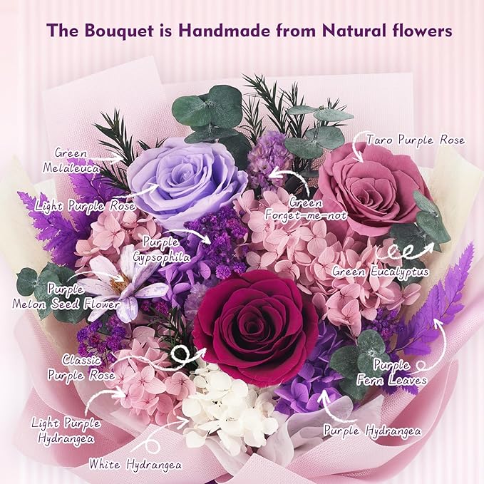 Flowers for Delivery Prime Preserved Flower Bouquet That Last 3-5 Years Real Forever Rose Bouquet for Her Women Wife Grandma Girlfriend Anniversary Birthday Mothers Day Gifts for Mom(Purple)