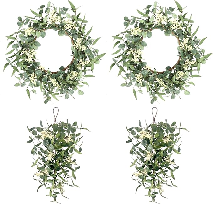 Pinkpum 20'' Eucalyptus Wreath 22'' Teardrop Swags Set 4 for Front Door Fireplace Hanging Porch Wall Home Window Kitchen Decor Farmhouse Garden Party Indoor Outdoor Summer Spring Fall All Seasons