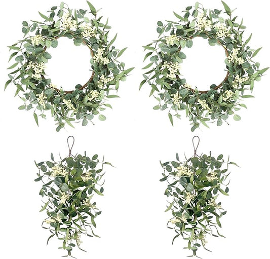 Pinkpum 20'' Eucalyptus Wreath 22'' Teardrop Swags Set 4 for Front Door Fireplace Hanging Porch Wall Home Window Kitchen Decor Farmhouse Garden Party Indoor Outdoor Summer Spring Fall All Seasons