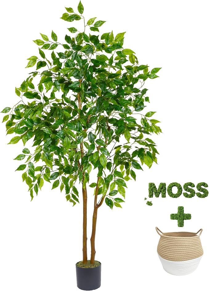 Warmplants Artificial Ficus Tree, 5ft Tall Fake Ficus Tree with Basket, Faux Plant for Indoor Outdoor Home Livingroom Office Garden Porch Décor