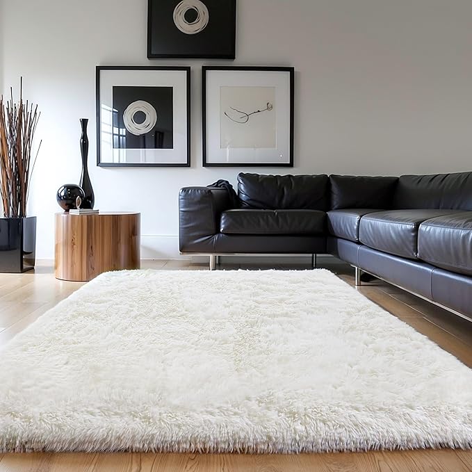 KICHOWUA Thick Area Rug 4x6 Cream White Fluffy Shag for Bedroom, Soft Washable Fuzzy Shaggy Non-Slip Plush Carpet for Living Room, Modern Furry Rugs for Kids Nursery Baby Boys Girls Dorm, Ivory