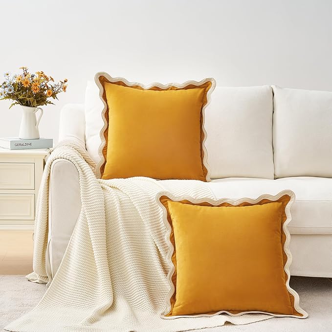 MONDAY MOOSE Decorative Throw Pillow Covers Cushion Cases, Set of 2 Soft Velvet Scalloped Wavy Edge Designs, Mix and Match for Home Decor, Pillow Inserts Not Included (20x20 inch, Cream/Honey)
