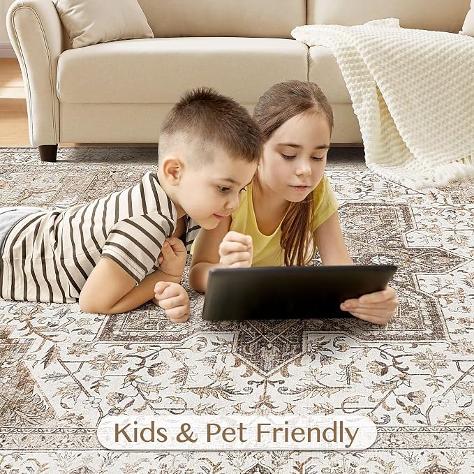Tortania Area Rug Living Room Rugs - 12x15 Washable Boho Rug Vintage Oriental Distressed Farmhouse Large Thin Indoor Carpet for Living Room Bedroom Under Dining Table Home Office - Brown