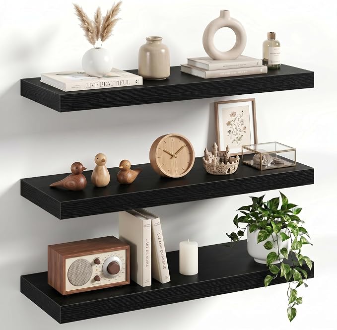 24" Floating Shelves for Wall, Set of 3, 8" Deep, 1.5" Thick, Black | Rustic Wood Wall Shelves with Invisible Brackets, Storage and Display for Bathroom, Bedroom, Living Room or Kitchen