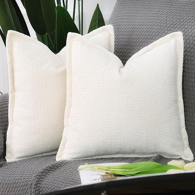 MADIZZ Decorative Chenille Velvet Throw Pillow Covers Set of 2 Soft Boho Textured Neutral Couch Throw Pillow for Bed Modern Farmhouse Home Decor for Sofa Livingroom Cream 20x20 Inch