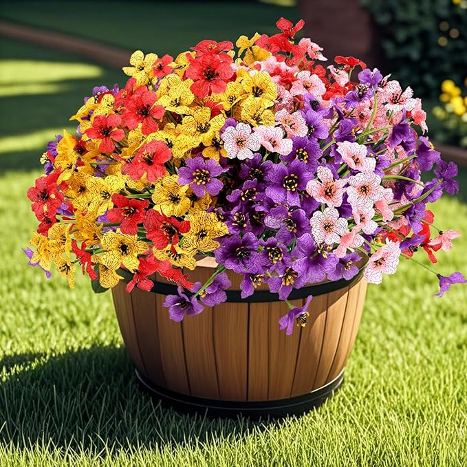 Geegoods Artificial Mums Flowers for Outdoors, 32 Bundles UV Resistant Fake Plastic Colorful Mix Flowers for Patio Porch Spring Summer Decor