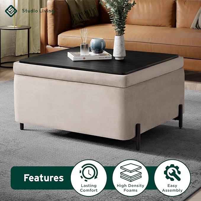 Studio Living® Connor 31.1" Large Storage Ottoman, Modern Boho, Matte Black Metal Legs, Velvet Fabric, Taupe