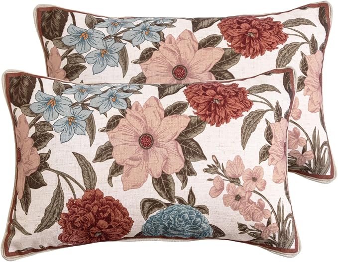 bilin gaier French Linen Throw Pillow Covers,20"x12" Set of 2-Burgundyred | Designer Vintage Elegant Rectangle Pillow Cover,Concealed Zipper,Floral Pattern,Sofas,Bedroom,Living Room,Lounge Chairs