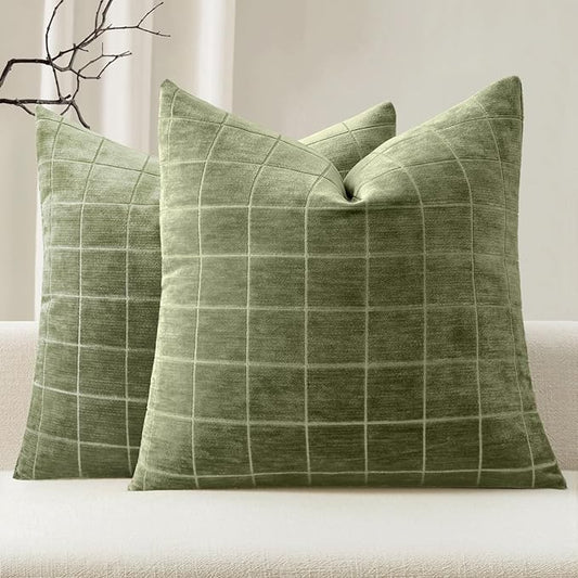 MIULEE Decorative Chenille Check Throw Pillow Covers Vintage Plaid Couch Pillows 18x18 Inch Set of 2 Neutral Boho Farmhouse Cushion Covers Modern Spring Decor for Sofa Bed Living Room Sage Green
