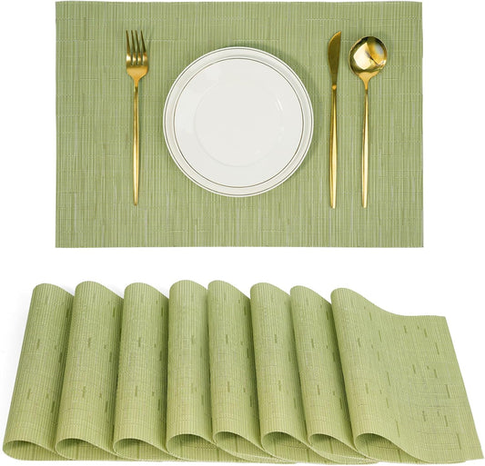 Placemats Set of 8，Non-Slip PVC Weave Table Mats Easy to Clean，Heat Resistant Place Mats for Kitchen Dining Table Decoration Indoor Outdoor，Pea Green