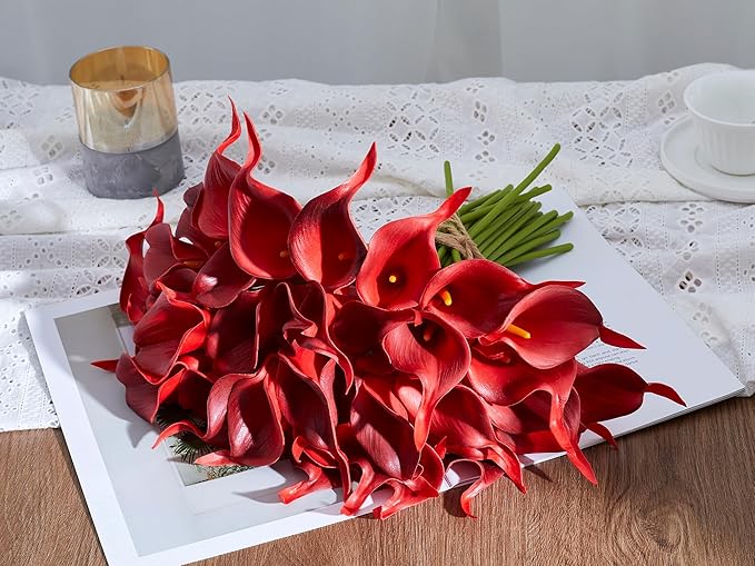 24 Pcs Artificial Calla Lily Flowers Fake Silk Flowers Real Touch for Halloween Wedding Bouquet Office Home Kitchen Decor (Burgundy)