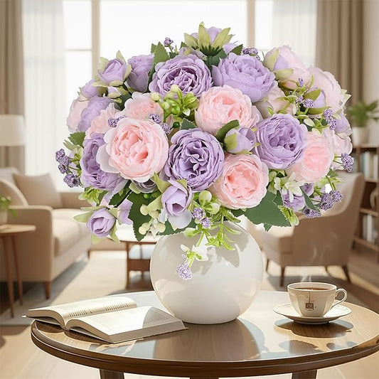 12 Bundles Peonies Artificial Flowers Bouquet, Lifelike Silk Fake Peonies with Stems for Home Table Centerpieces, Wedding, Party & DIY Bridal Floral Arrangements（Light Purple）